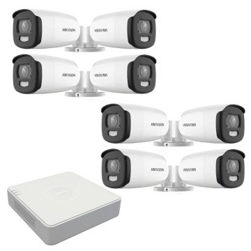 Sistem supraveghere video Hikvision 8 camere exterior ColorVu 5MP, lumina alba 40m, DVR 8 canale Hikvision