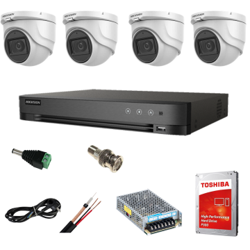 Sistem supraveghere video interior complet Hikvision 4 camere Turbo HD 5 MP 20 m IR accesorii incluse, cadou HDD 1tb