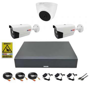 Sistem supraveghere video mixt 3 camere, 2 exterior 2 MP 1080P FULL HD IR40m, 1 camera interior 2MP IR20m, DVR 4 canale, full accesorii