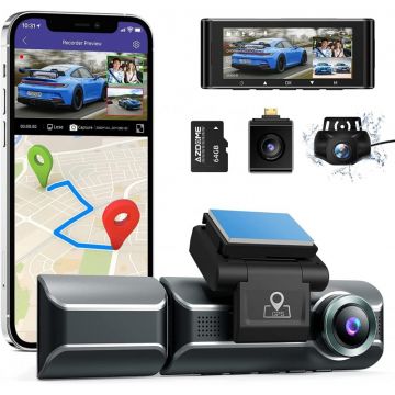 Camera auto AZDOME, Tripla, 4K, WiFi, GPS, Unghi 170, WDR, G-Sensor, Mod parcare, Card 64Gb inclus