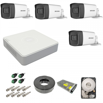 Kit complet 4 camere supraveghere exterior 5MP TurboHD Hikvision IR 40M DVR 4 canale sursa alimentare accesorii hard 1TB