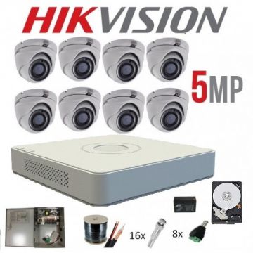 Kit complet 8 camere supraveghere interior 5MP TURBOHD HIKVISION 20 m IR, sursa backup, accesorii, HDD 2 TB