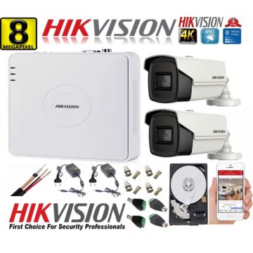 Kit supraveghere ultraprofesional Hikvision 2 camere 8MP 4K IR 80M DVR 4 canale accesorii incluse si HDD