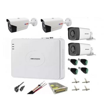 Kit supraveghere video 4 camere 2MP, 2 camere Hikvision cu Infrarosu 40m si 2 Rovision cu 40m IR, accesorii incluse