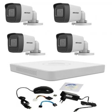 Kit supraveghere video 5 MP Hikvision Turbo HD cu 4 camere si cadou cablu HDMI, vizualizare pe telefon mobil