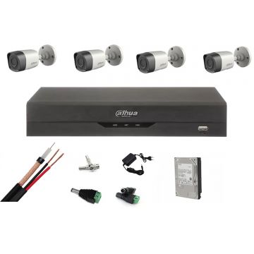 Sistem 4 camere de supraveghere exterior DAHUA 2MP, DVR Pentabrid, accesorii, hdd