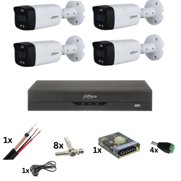 Sistem de supraveghere Dahua cu 4 camere ColorVu 8MP, Lumina color 40M, Lentila 3.6mm, Alarma stroboscopica, DVR de 4 canale 4k, accesorii