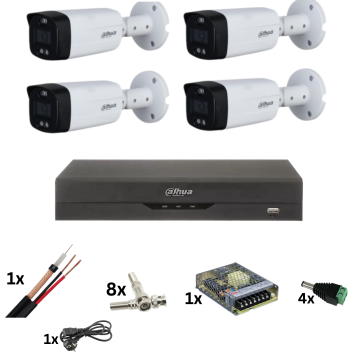 Sistem de supraveghere Dahua cu 4 camere ColorVu 8MP, Lumina color 40M, Lentila 3.6mm, Alarma stroboscopica, DVR de 4 canale 4k, accesorii Sistem de supraveghere Dahua cu 4 camere ColorVu 8MP, Lumina color 40M, Lentila 3.6mm, Alarma stroboscopica, DVR de 4 canale 4k, accesorii