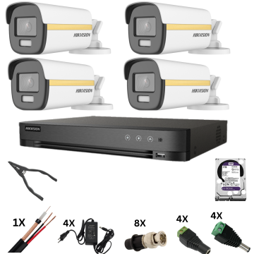 Sistem de supraveghere Hikvision 4k cu 4 camere Poc, ColorVu 8 Megapixeli, Lumina Color 40m noaptea, DVR 4 canale 8 Megapixeli, Hard, Accesorii