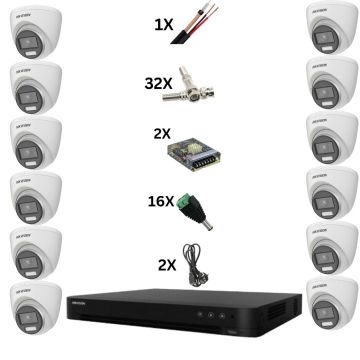 Sistem de supraveghere Hikvision cu 16 camere ColorVu 8MP, Lumina color 60M, Lentila 2.8mm, DVR de 16 canale 4k, accesorii