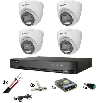 Sistem de supraveghere Hikvision cu 4 camere Poc, ColorVu 8MP, Lumina color 40M, Lentila 2.8mm, DVR de 4 canale 8 Megapixeli, accesorii