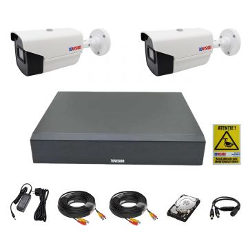 Sistem supraveghere 2 camere exterior 2MP 1080P full hd IR 40m oem Hikvision, DVR 4 canale, accesorii full, hard 500GB