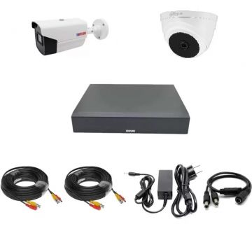 Sistem supraveghere mixt 2 camere 1exterior 2MP 1080P full hd, IR 40m si 1 interior 2MP IR20m, DVR 4 canale, accesorii