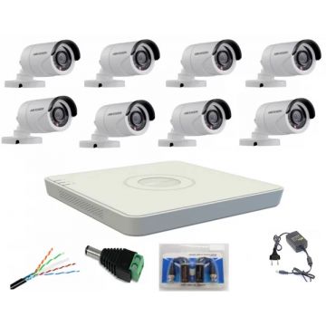 Sistem supraveghere profesional Hikvision cu 8 camere video de 2MP FULL HD IR 20m, accesorii montaj incluse