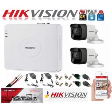 Sistem supraveghere ultraprofesional Hikvision 2 camere 8MP 4K DVR 4 canale accesorii incluse