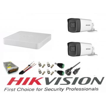 Sistem supraveghere video Hikvision 2 camere 5MP Turbo HD IR 40 M cu DVR Hikvision 4 canale full accesorii, internet