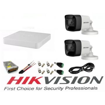 Sistem supraveghere video Hikvision 2 camere 5MP Turbo HD IR 80 M cu DVR Hikvision 4 canale full accesorii, cablu coaxial