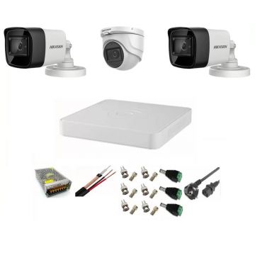 Sistem supraveghere video Hikvision 3 camere 5MP, 2 exterior Turbo HD IR 80 M 1 interior IR 20m cu full accesorii