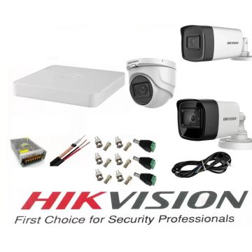 Sistem supraveghere video Hikvision 3 camere 5MP 2 exterior Turbo HD IR 80M si IR 40M si 1 interior IR 20m DVR 4 canale cu full accesorii