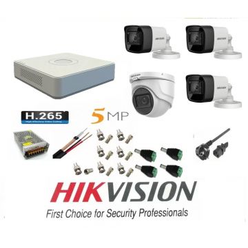 Sistem supraveghere video Hikvision 4 camere 5MP 3 exterior Turbo HD IR 80M 1 interior IR 20m DVR 4 canale cu full accesorii