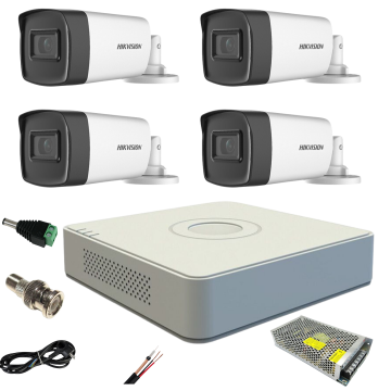Sistem supraveghere video Hikvision 4 camere de exterior 5MP Turbo HD cu IR 40 M full accesorii cu cablu coaxial, live internet