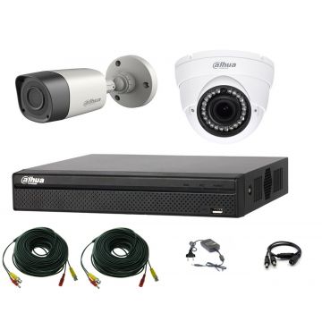 Sistem supraveghere video profesional Dahua HDCVI mixt, 2 camere 2MP IR Smart 20m cu DVR DAHUA 4 canale, accesorii, live internet