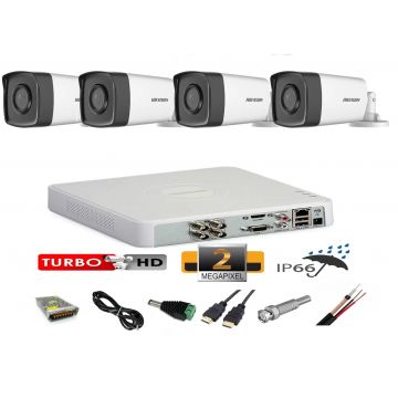 Sistem supraveghere video profesional exterior 4 camere 2MP Hikvision Turbo HD 40m IR full accesorii accesorii, internet