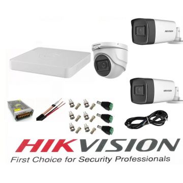 Sistem supraveghere video profesional Hikvision 3 camere 5MP 2 exterior Turbo HD IR 40 M si 1 interior IR 20m DVR 4 canale cu full accesorii