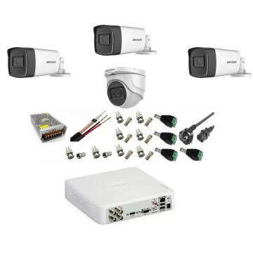 Sistem supraveghere video profesional Hikvision 4 camere 5MP 3 exterior Turbo HD IR 40M 1 interior IR 20m DVR TurboHD 4 canale cu full accesorii