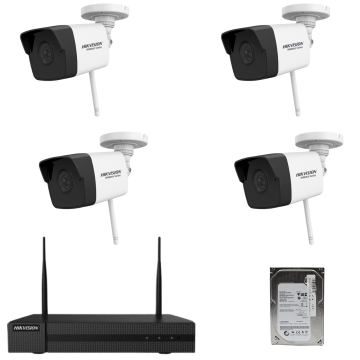 Sistem supraveghere wireless Hikvision HiWatch 4 camere IP 2MP Hikvision, NVR 4 canale si HDD
