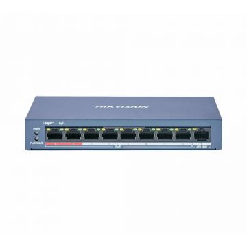 Switch POE 8 porturi Hikvision, DS-3E0109P-E/M(B); L2, Unmanaged, 8x 100M PoE port, 1x 100M uplink port