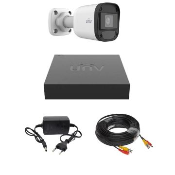 Kit de supraveghere Uniview cu 1 camera de 2 Megapixeli, Infrarosu 20M, DVR Hibrid cu 4 canale 2MP, Cablu, Sursa alimentare