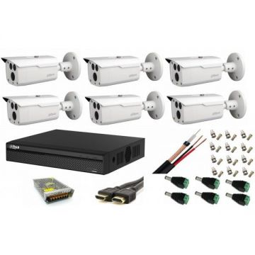 Kit supraveghere video exterior cu 6 camere Dahua 2MP HDCVI IR 80m, full accesorii, soft vizualizare internet gratuit