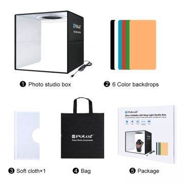 Mini studio portabil Lightbox PU5032B PULUZ, LED-uri incorporate, 24-26lm, fundaluri multiple, fotografie/mini-filmulete de produs,30x30cm, Negru