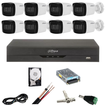 Kit de supraveghere Dahua cu 8 camere de 5 Megapixeli, Infrarosu 80m, DVR cu 8 canale, Hard Disk 2 TB, Accesorii
