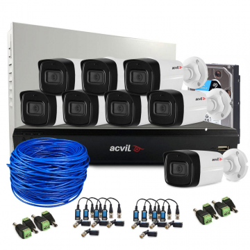 Sistem supraveghere exterior complet Acvil Pro ACV-C8EXT40-2MP-V2, 8 camere, 2 MP, IR 40 m, 2.8 mm, audio prin coaxial