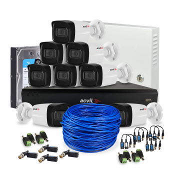 Sistem supraveghere exterior complet Acvil Pro ACV-C8EXT80-5M-A, 8 camere, 5 MP, IR 80 m, 3.6 mm, PoS, audio prin coaxial