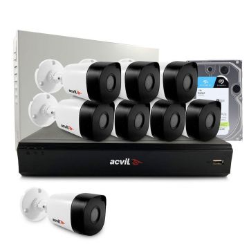 Sistem supraveghere exterior middle Acvil Pro ACV-M8EXT20-5MP-V2, 8 camere, 5 MP, IR 20 m, 2.8 mm, audio prin coaxial, HDD 1TB